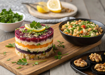 Colorful layered salad with vegetables and herbs – Ensalada por capas coloridas con vegetales y hierbas

