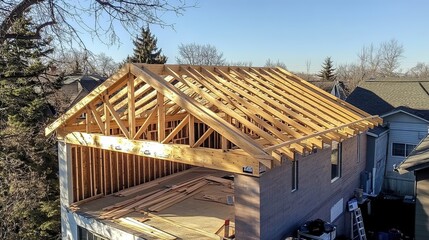 New home construction Exposed wooden roof truss system and framing