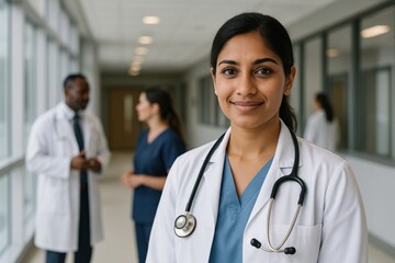 Confident doctor in hospital corridor.