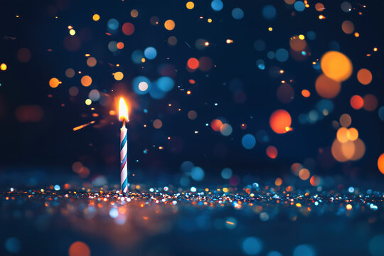 Bright burning candle on dark blurred background. Birthday party background with bokeh lights and confetti. Celebration background with plenty of copy space for text