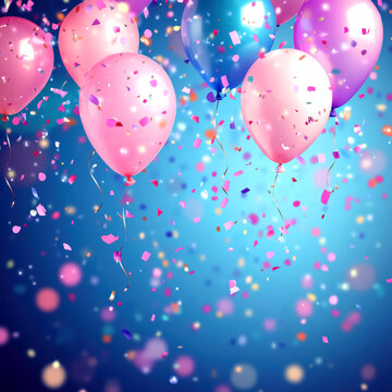 Pink balloons. Birthday party background. Bright backdrop and confetti. Celebration background with copy space for text on the bottom. Square format