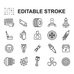 Car parts icon set. Thin line style vector. Contains icons such as car engine, car seat, clutch lining and more.