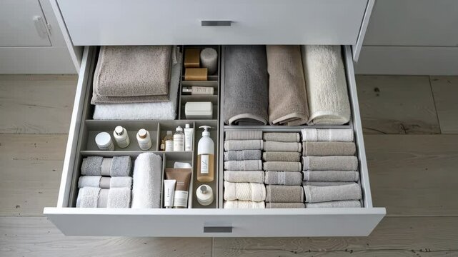 Discover how to achieve a clean, organized bathroom drawer with perfectly folded towels and well-arranged skincare products