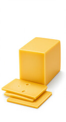 Block of cheddar cheese with slices, isolated on white background