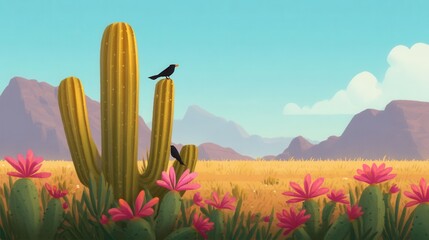 Vibrant Desert Landscape with Cactus and Birds Under Clear Blue Sky