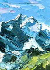 mountain peak oil painting with snow blue sky textured brush nature rocky landscape alpine cold outdoor wild scenic art