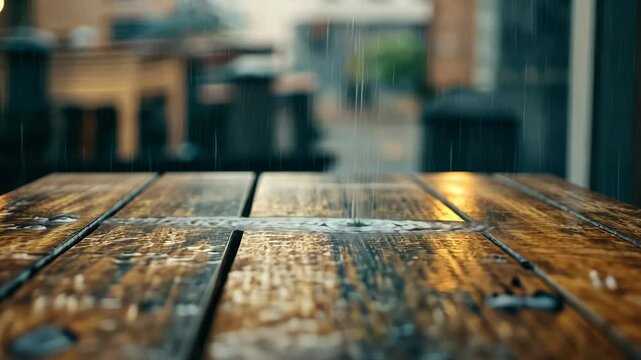 Wooden table with rain drops, lights from cafe shining on wet surface. Moodiness and reflections in the rain.