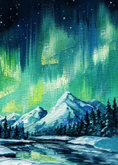 Selbstklebende Fototapeten Blue Jeans northern lights oil painting with snowy mountains forest night green aurora sky stars winter landscape nature cold decor  © Hanna