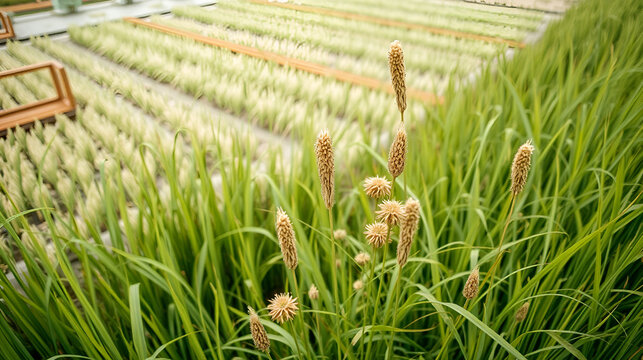 High angle view of wild Cyperus rotundus grass flowers growing along rice fields
