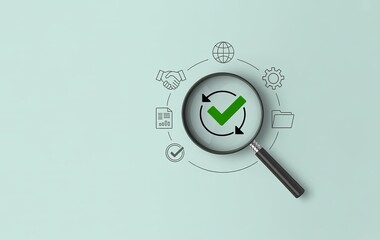 Minimalist Business Concept with Magnifying Glass Highlighting Green Checkmark and Workflow Icons on Light Background