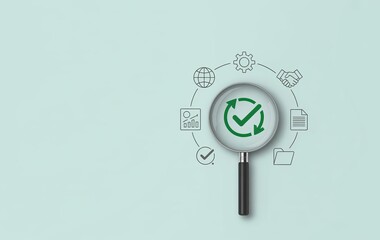 Fototapeta premium Minimalist Business Concept with Magnifying Glass Highlighting Green Checkmark and Workflow Icons on Light Background