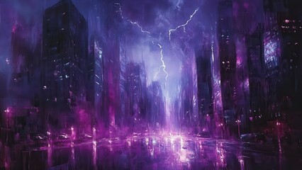 Fototapeta premium 稲妻が走る夜の都会_1