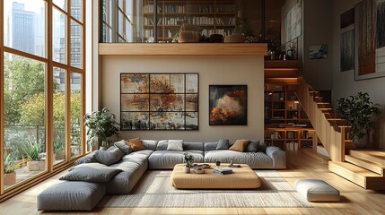 Obraz premium Scandinavian-style loft living room with large windows, wooden staircase, and gray sofas 