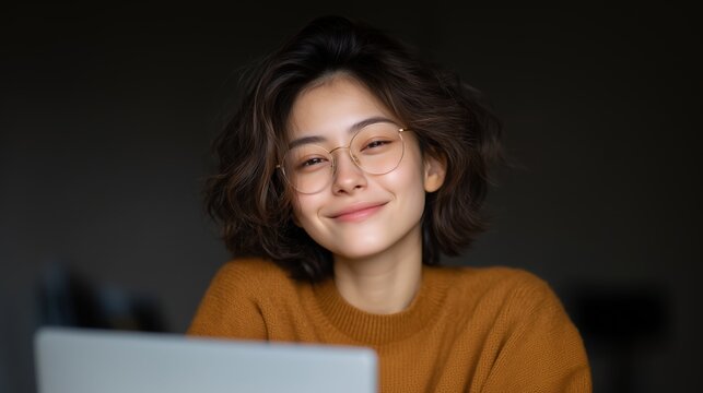 A woman with curly hair is smiling while interacting with a voice control assistant. She is wearing glasses and a cozy sweater, seated at a desk in a warm indoor setting during daylight.