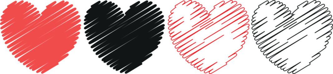 Set of 4 Scribble Heart Icons, Hand-Drawn Textured Style, Vector Illustration