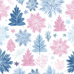 Winter leaves and snowflakes decorative background in pastel colors 