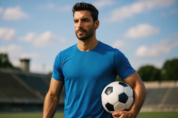 Confident athlete holding soccer ball.