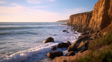 Serene Coastal Landscape at Sunrise with Rocks and Gentle Waves