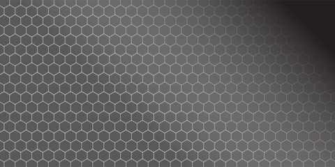 Dark grey abstract wide horizontal banner with hexagon carbon fiber grid and orange luminous lines. Technology vector background with orange neon lines