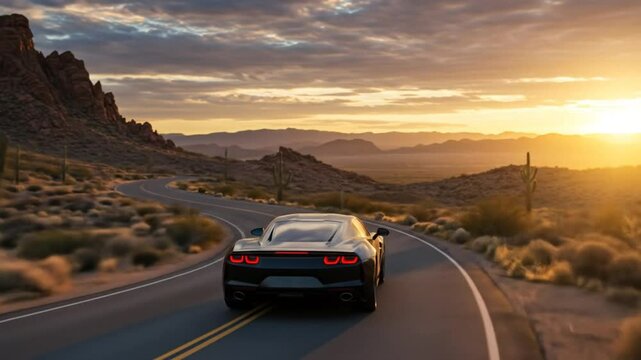 Black Sports Car Desert Sunset Drive Scenic Road