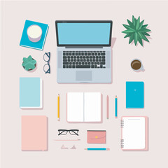 Flat Vector Illustrations of Creative Workspace with Laptop and Office Supplies