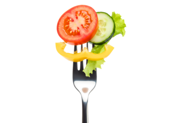 Fresh salad vegetables on fork isolated on transparent background