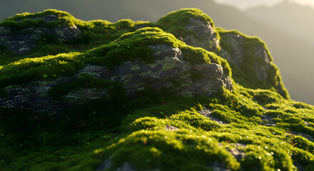 Vibrant Green Moss on Textured mountain Rock Surface
