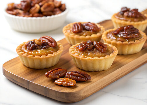 Rustic pecan pies in golden light on tray / Tartas de nuez r&uacute;sticas iluminadas en bandeja

