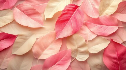 Obraz premium Seamless tropical leaf pattern in soft pastel tones of pink, beige, and cream 