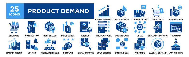 Product Demand icon collection set. Containing design Rising Product Chart, Hot Product, Trending Tag, Flash Sale Demand, High Demand Graph