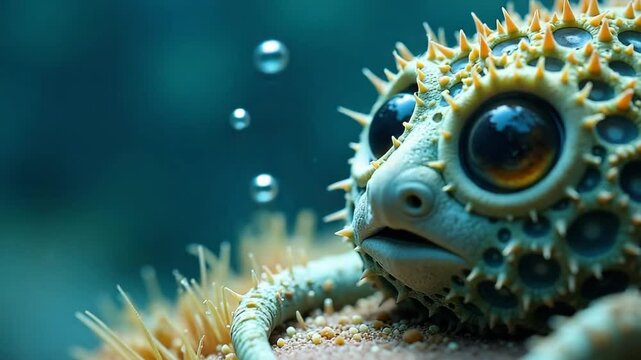 Unique underwater creature with spiky shell and large eyes  