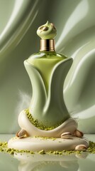 Pistachio perfume bottle surrounded by nut powder on a textured backdrop showcasing its unique design