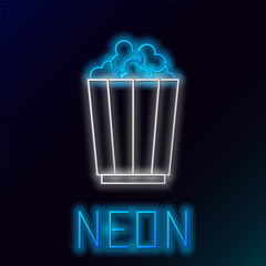 Glowing neon line Popcorn in cardboard box icon isolated on black background. Popcorn bucket box. Colorful outline concept. Vector