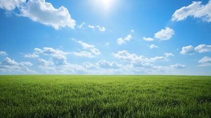Fototapeta premium Expansive field of vibrant green grass under a clear blue sky with fluffy white clouds.