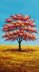 Realistic Painting of a Red Autumn Tree in a Golden Field with Blue Sky