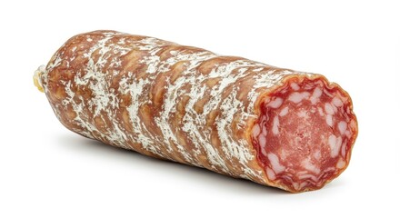 Realistic Photo of a Partially Sliced Salami Isolated on White Background