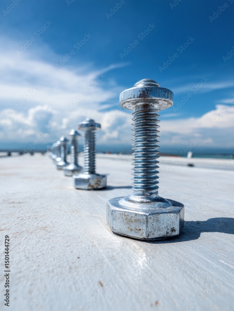 Poster construction anchor bolts lined up on flat surface under a bright sky with clouds overhead during th