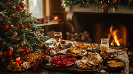Naklejka premium Festive Christmas feast with traditional dishes by the cozy fireplace and decorated tree. Warm, inviting holiday scene.