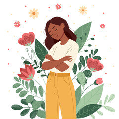 Woman hugging herself, surrounded by lush green foliage and flowers. Self love, mental health, and body positive concept for well-being.