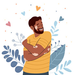 Man hugging himself with vitiligo embracing body positivity. Concept of mental health self care and unconditional love.