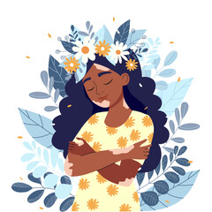 African American Woman with vitiligo hugging herself with her eyes closed, surrounded by flowers and leaves. Self love, mental health, body positivity.