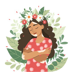Woman with vitiligo embracing herself with closed eyes, surrounded by floral wreath. Concept of body positivity and mental health.
