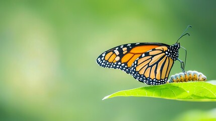 Fototapeta premium Monarch Butterfly and Caterpillar on a Green Leaf, Transformation, Nature, Life Cycle