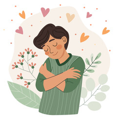 Teenage boy hugging himself, showing self-love and concern for mental health and body positivity. Happy person hugging for warmth.