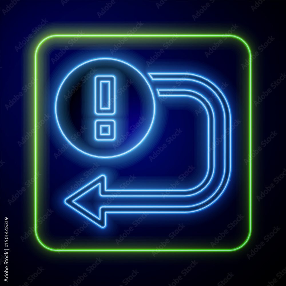 Poster glowing neon arrow icon isolated on blue background. direction arrowhead symbol. navigation pointer 