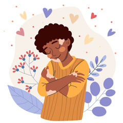 A dark-skinned teenage boy with vitiligo hugs himself surrounded by hearts and plants, the concept of self-love and body positivity.