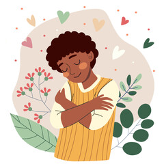 Dark-skinned teenage boy hugging himself with closed eyes, surrounded by floating hearts and green plants. Self-love and body positivity concept illustration.
