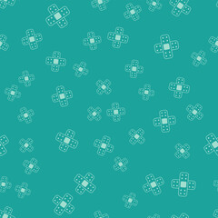 Green Crossed bandage plaster icon isolated seamless pattern on green background. Medical plaster, adhesive bandage, flexible fabric bandage. Vector