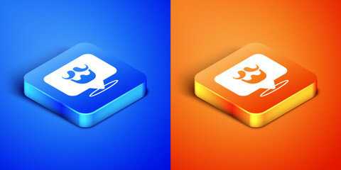 Isometric Barbershop icon isolated on blue and orange background. Hairdresser logo or signboard. Square button. Vector