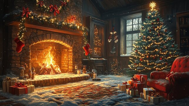 A cozy Christmas scene with a glowing fireplace, decorated tree, and presents in a warm, inviting room.